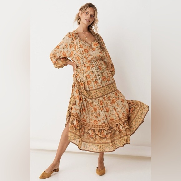 Spell & The Gypsy Collective Sand Seashell Gown Floral Long Sleeve Dress EUC XXS